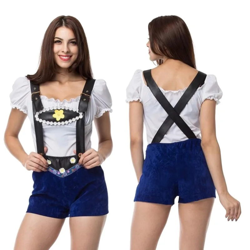 

Lederhosen Oktoberfest Costume for Women Adult German Bavarian Short Outfit Overalls Shirt Suspender Short Set Halloween Costume