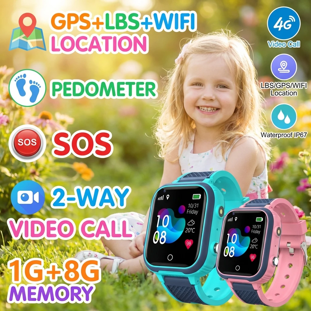 

Детские смарт-часы 1G+8G 4G с GPS-трекером, двусторонней связью, видеозвонками, голосовым чатом, SOS, шагомером, играми, Wi-Fi для мальчиков и девочек