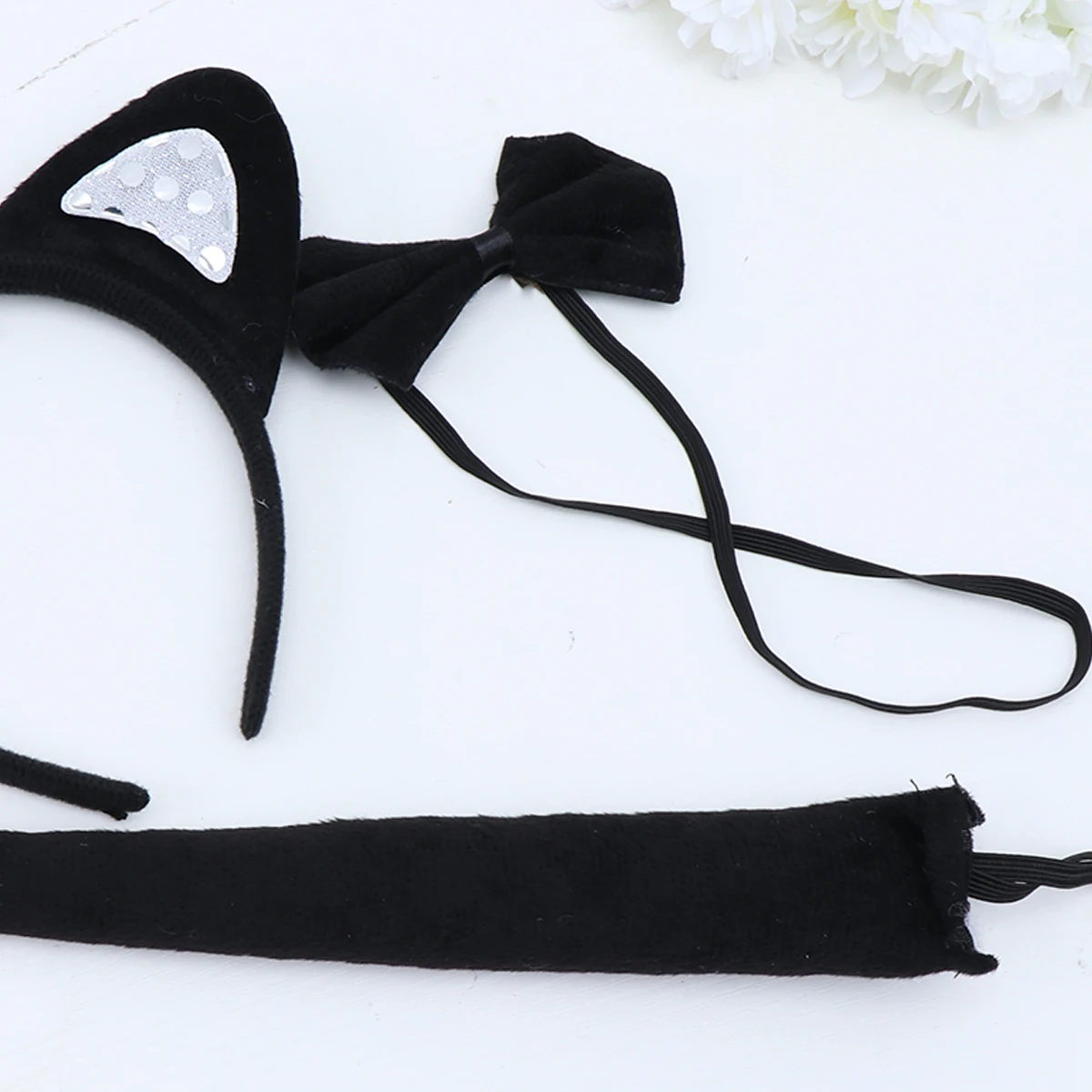 

3pcs Set Black White Sequin Cat Ears Headband Tail Tie Funny Animal Costume Accessory Party Halloween Cosplay Masquerade Chic