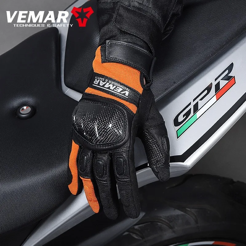 VEMAR Motorcycle Leather Gloves Soft Leather Breathable Mesh Carbon Fiber Shell Protective Motocross Riding Leather Gloves