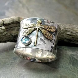 Vintage Dragonfly Rings for Women Fashion Acid Blue Crystal Women's Promise Ring Two-Tone Gold Plated Jewelry Accessories Gifts