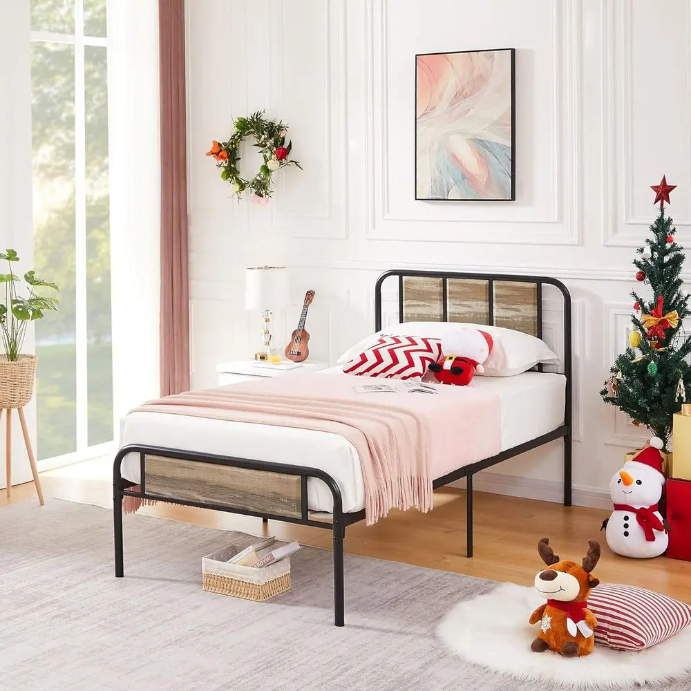 إطار سرير معدني مزدوج مع لوح رأسي خشبي للأطفال - منصة قوية، لا حاجة إلى صندوق زنبركي (أردواز رمادي) #3