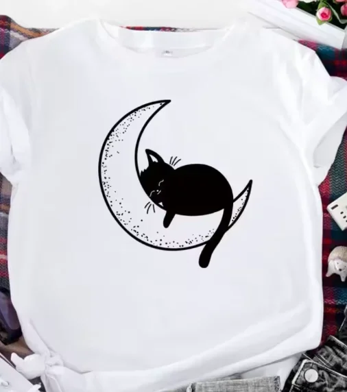 Cat Sleeping on Moon Print T Shirts Summer Women Tee Shirt Tops Camisetas Mujer Women Short Sleeve O Neck Loose Tshirts Y2K Top