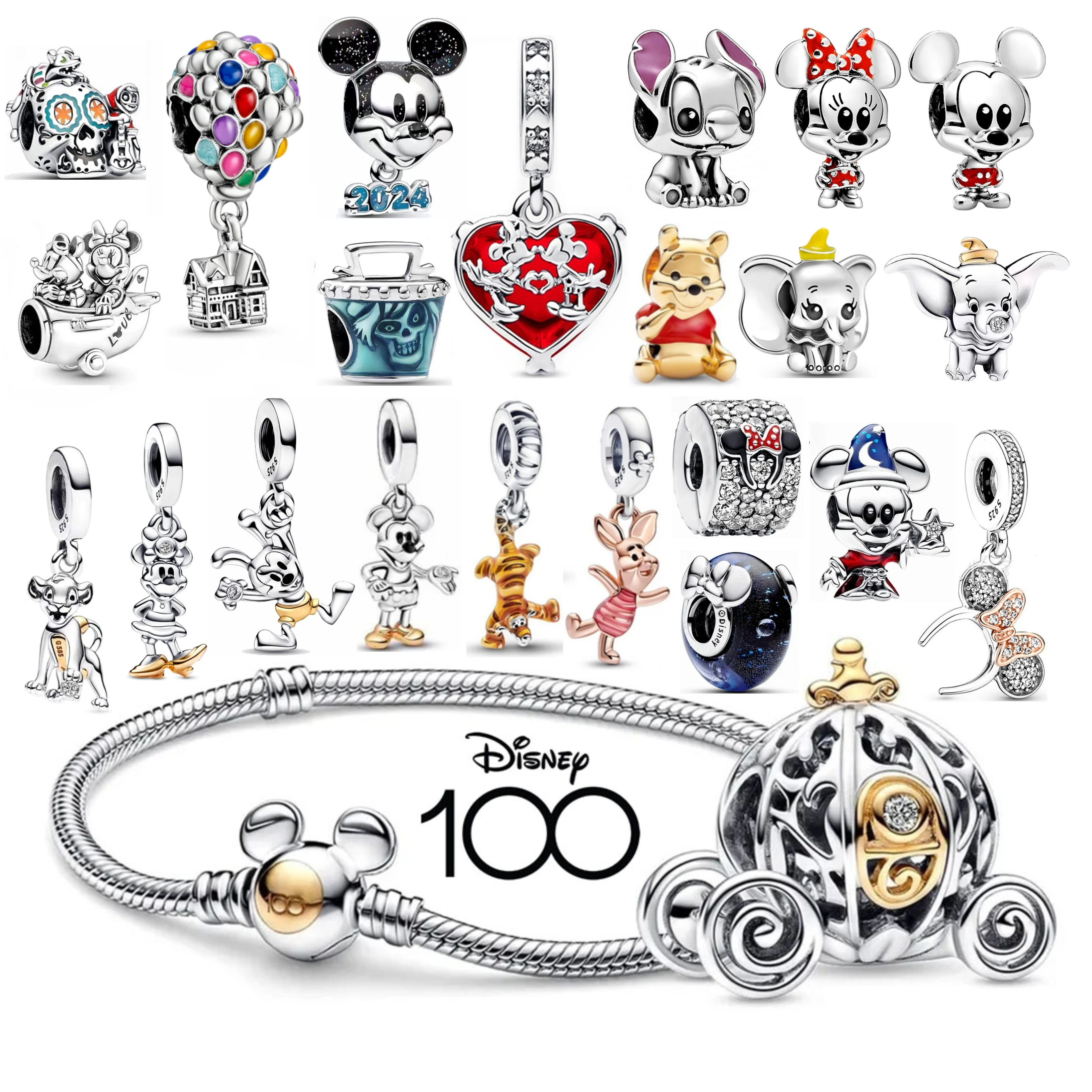 Disney 100th Silver 925 Pumpkin Cart Love Charm Minnie Beads Fit Original Pandora Stitch Bracelets DIY Mickey Pendant Jewelry