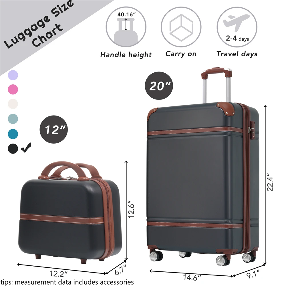 20 IN Hardside Luggage with Cosmetic Case , 2 Piece Lightweight Suitcase Set with Spinner Wheels, Carry on Vintage,Black Luggage