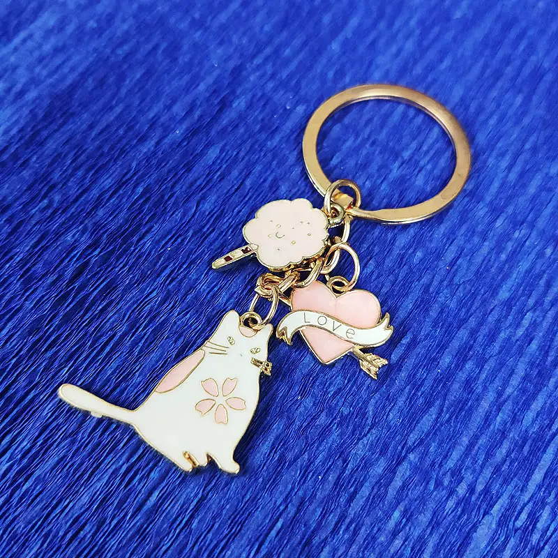 Cat Kitten Marshmallow Heart Key chain Key ring Pink Handmade New Trend Metal Cute Gift Car Pendant Backpack Bag Ornament DK0040