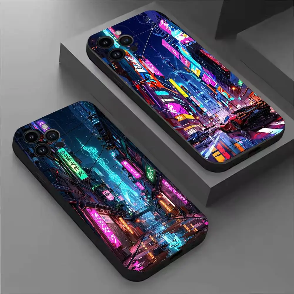 

Aesthetic Neon Lights Street Phone Case For iPhone 16,15,14,13,12,11 Plus,Pro Max,XS,X,XR,SE,Mini,8,7,Soft Silicone Black Cover
