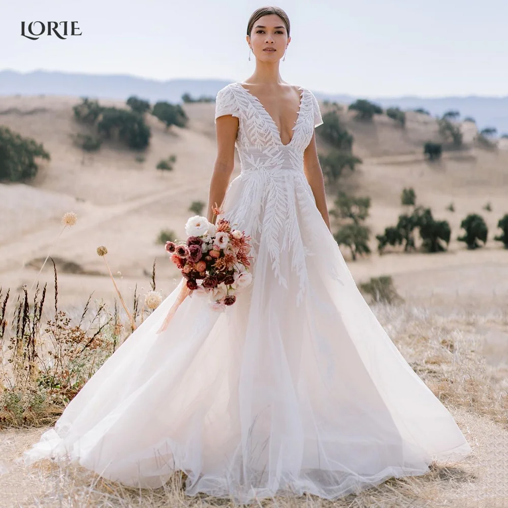 

LORIE Vintage Low-Cut Lace Wedding Dresses V-Neck Short Sleeves Light Pink A-Line Bride Dress Bohemia Princess Bridal Gowns 2022