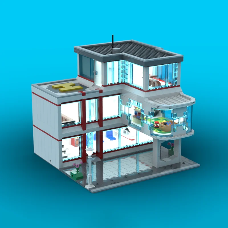 1536pcs Modular Building Blocks,สามชั้นโรงพยาบาลรุ่นแผนกต้อนรับ,พื้นที่รอ,ห้องเด็กเล่น,สามห้องผู้ป่วย