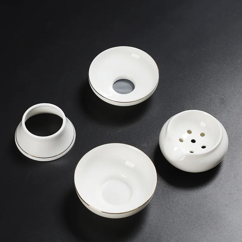 Chinese Style Sheep Fat Jade Filter Set All-Ceramic Integrated Gold-Plated Tea Strainer Dehua White Porcelain Kung Fu Tea Set Ac