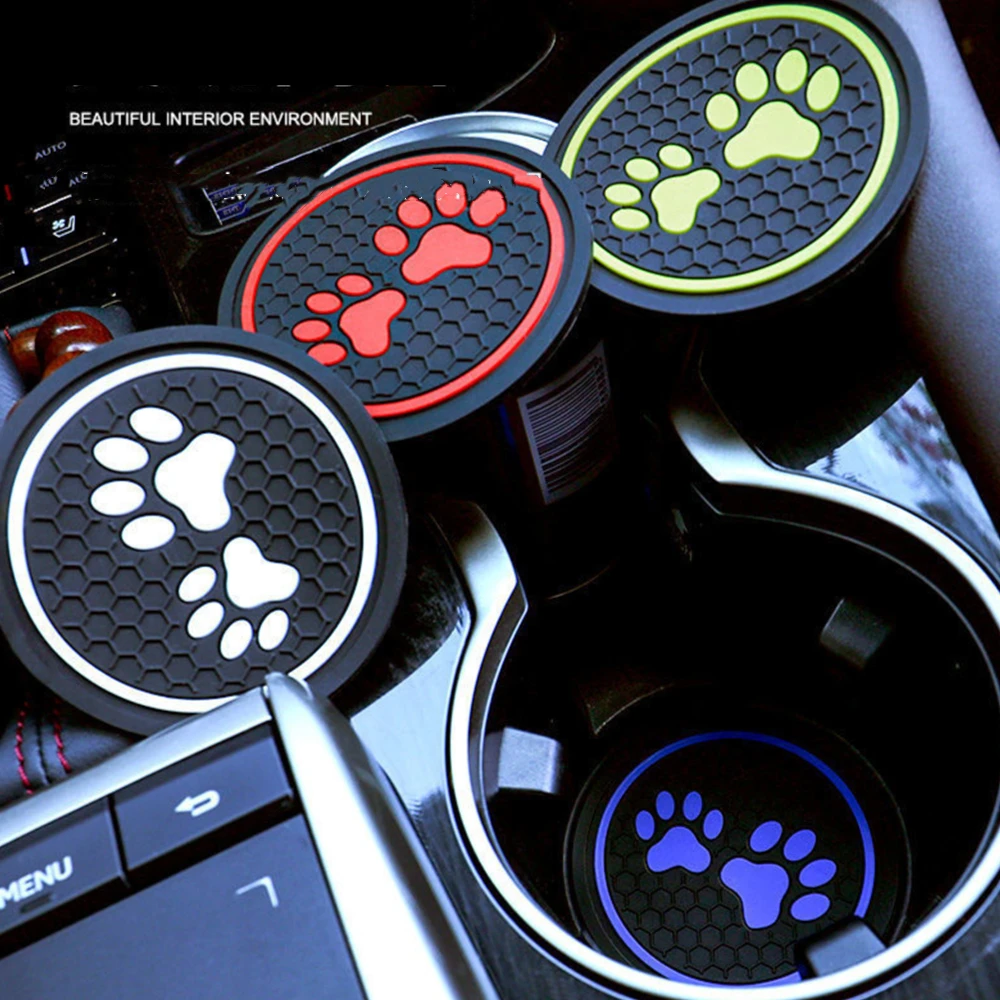 2Pcs Non-slip Car Water Cup Pad Cat paw footprint Rubber Mat for Bottle Holder Coaster Auto Interior Anti-skid Cup Holders