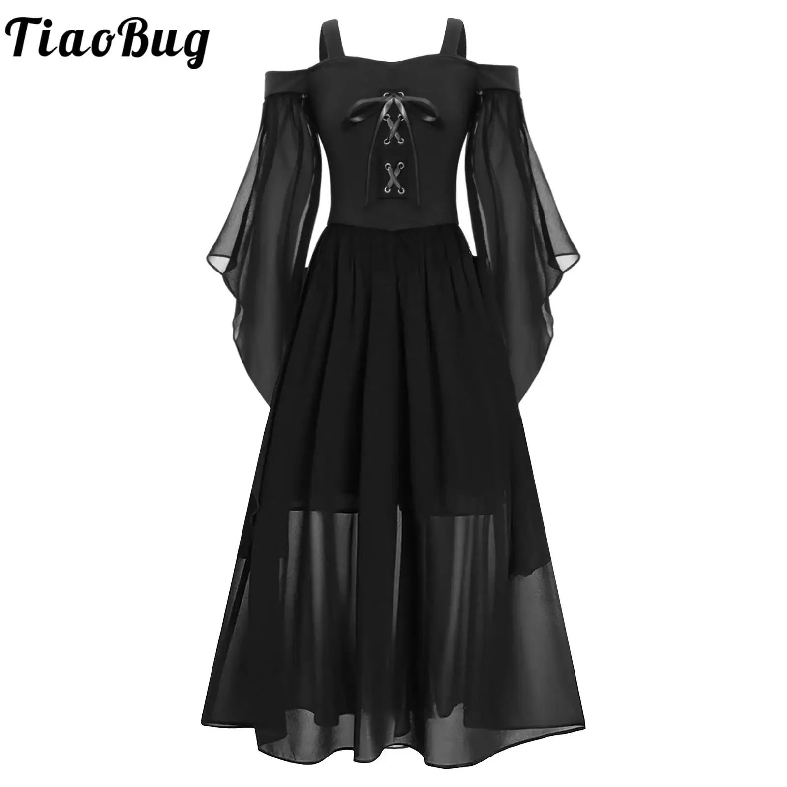 

Renaissance Gothic Witch Dress for Girls Black Medieval Victorian Costume Halloween Fancy Dress Up Steampunk Cosplay Corset Dres