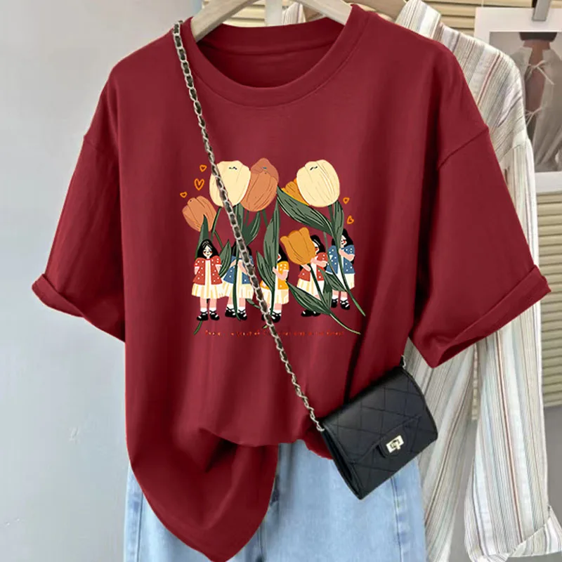 الملابس النسائية الأزهار القطن الخالص عارضة تي شيرت الصيف تنوعا فضفاضة قصيرة الأكمام تيز سيدة الأساسية طاقم الرقبة بلوزات على الموضة #5