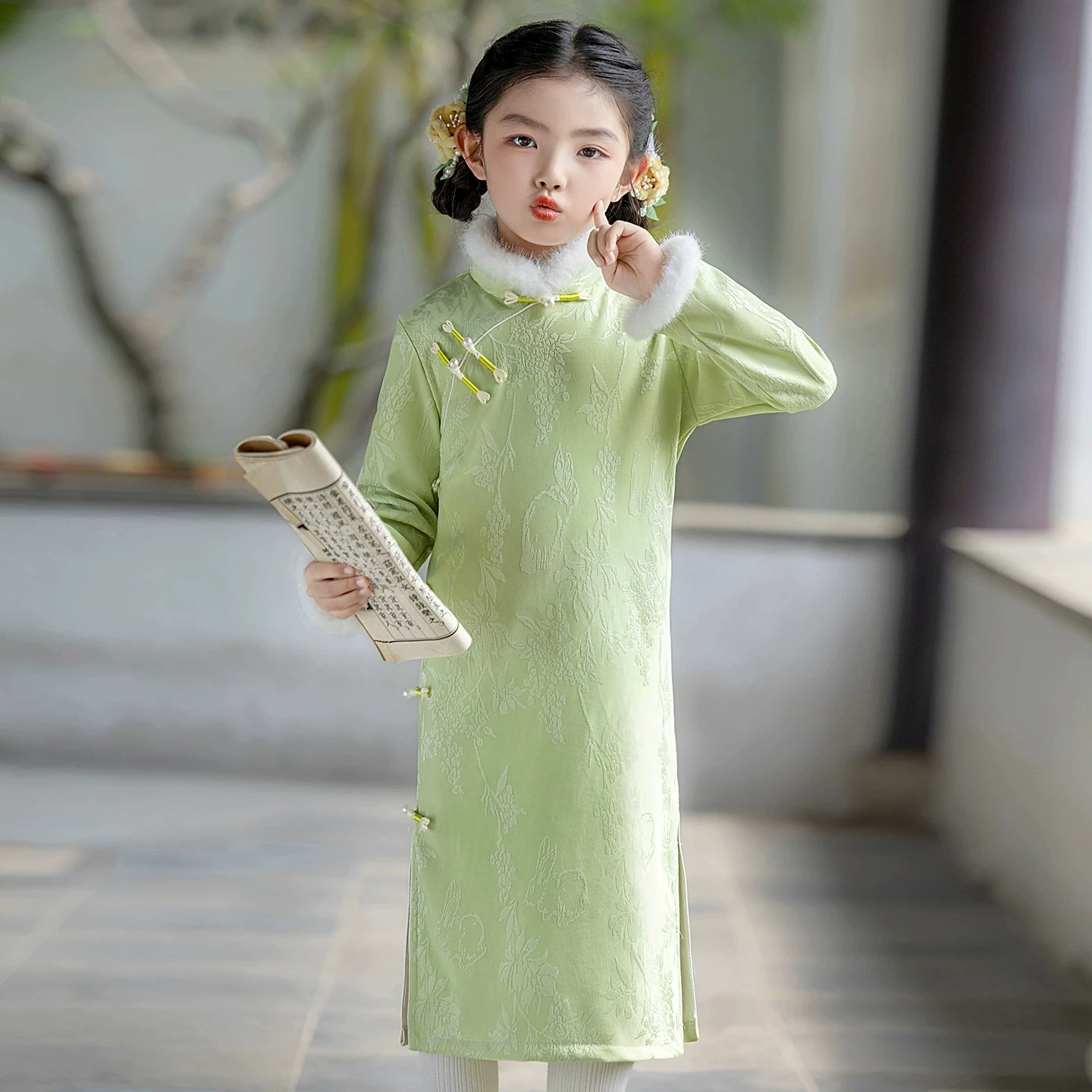 

2026 новое платье Ципао для девочек с бархатом, осенне-зимнее платье Ципао с длинными рукавами, новое детское китайское Ципао