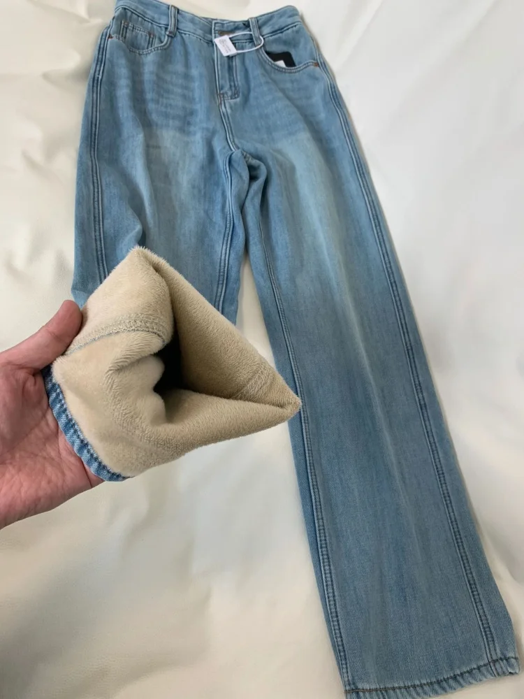 

Джинсы женские больших размеров с высокой талией, прямые, утепленные, осенне-зимние, новые, свободного кроя, повседневные, широкие штанины, визуально стройнящие