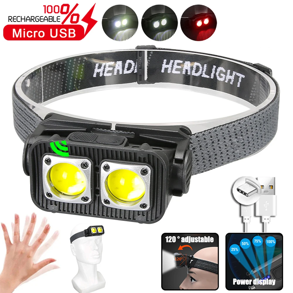 Powerful LED Sensor Headlamp Portable Type-C Rechargeable COB Headlights Built-in Battery Head Flashlight for Fishing Camping