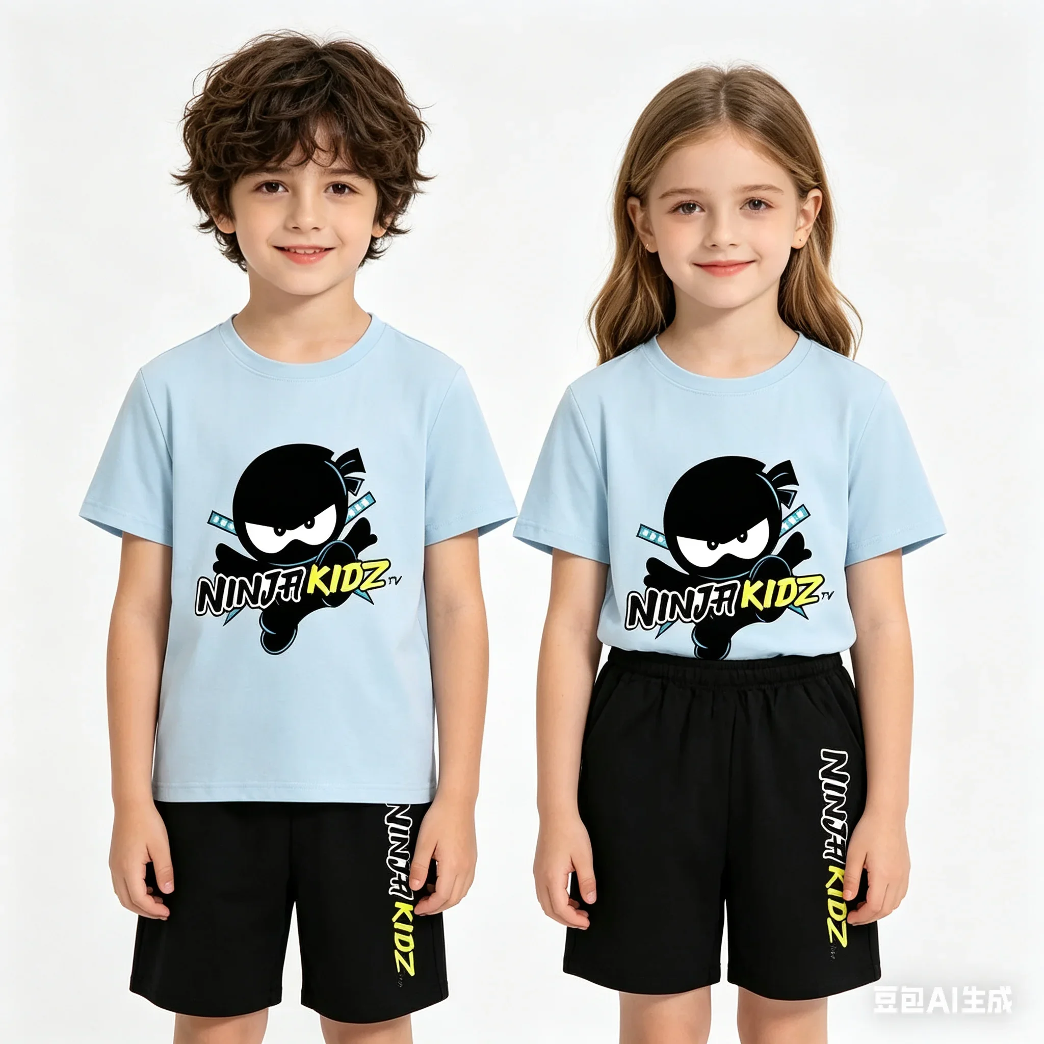 

with round neck for boys and girls,Set of t -shirt and short sleeve shorts breathable cotton set with summer ninja print