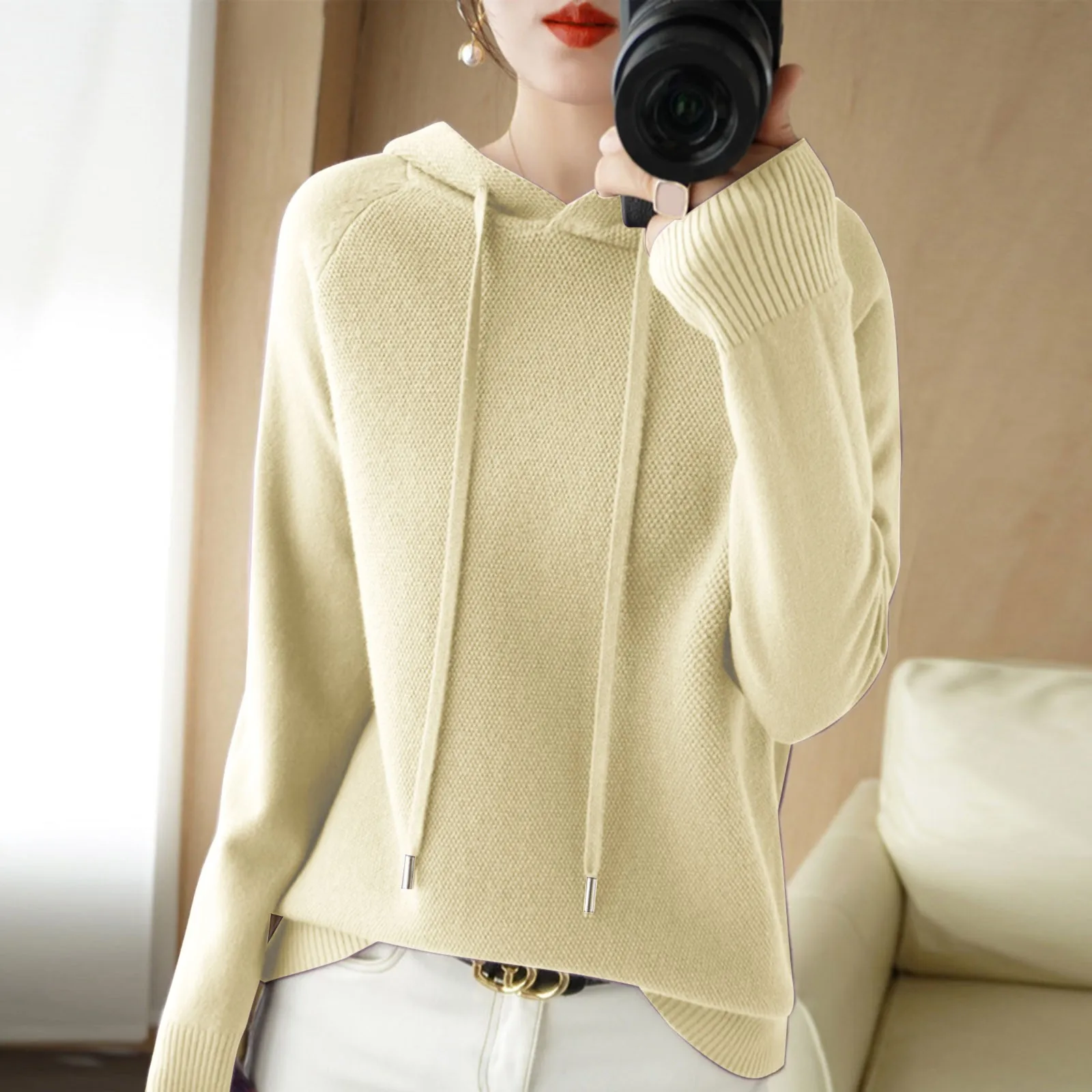 Ladies Sweater Women Knit Hooded Pullover Casual Solid Color Bottoming Shirt Knitted Sweatshirt Long Sleeved Tops Sweatshirts