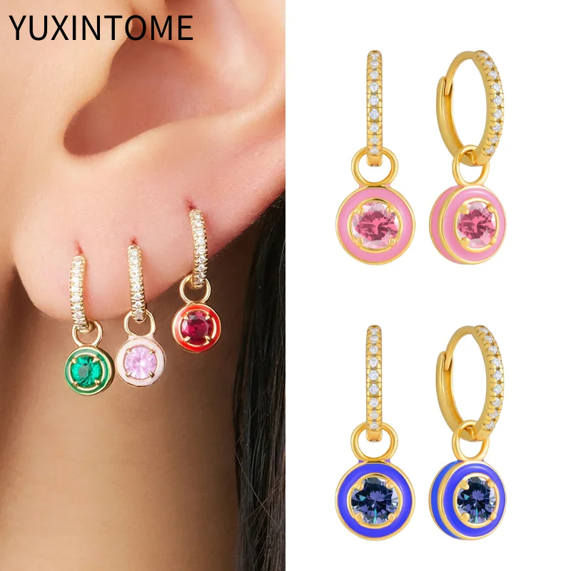 925 Sterling Silver Ear Needle Fashion Colorful Crystal Round Pendant Earrings for Women Enamel Hoop Earrings Luxury Jewelry