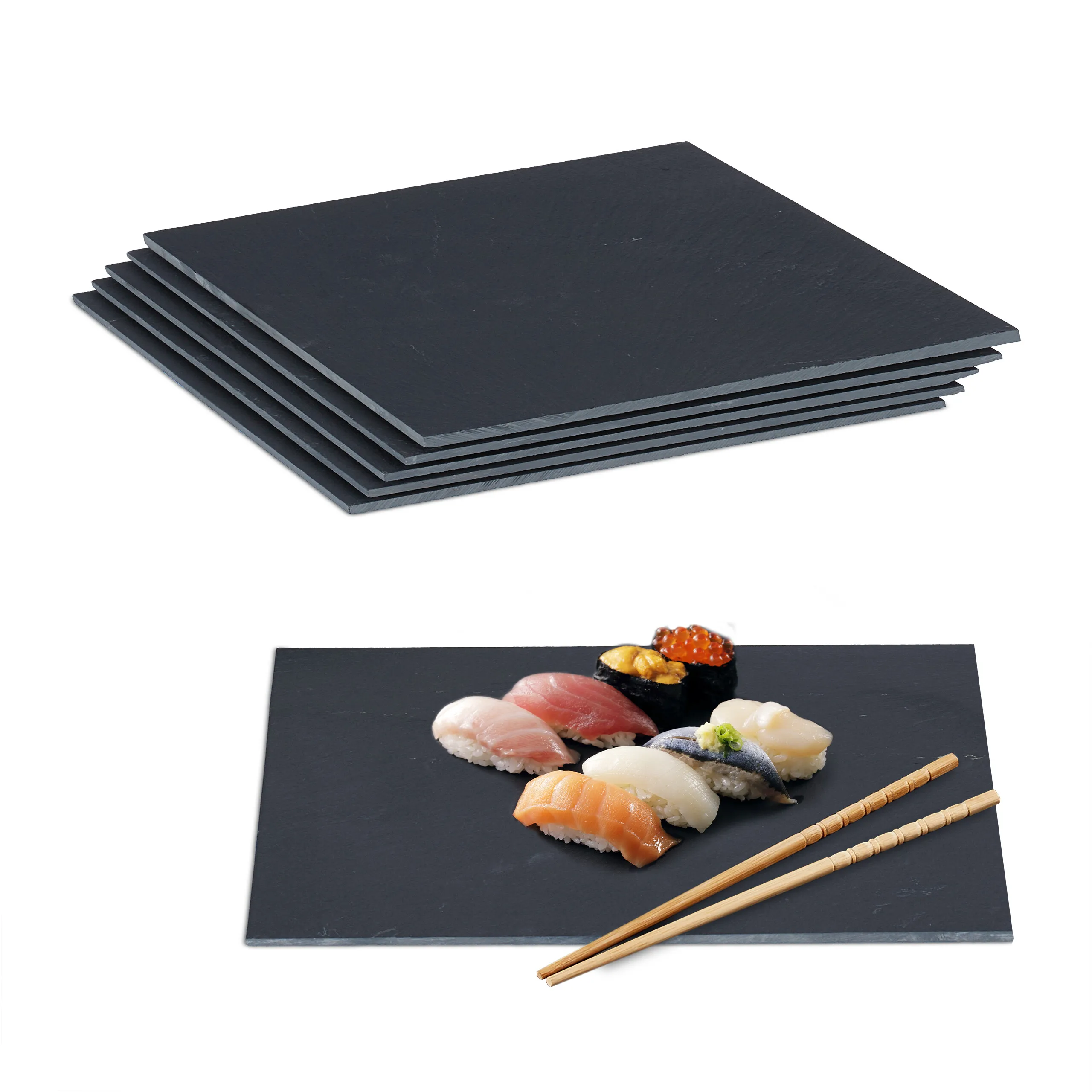 Plaques en ardoise, lot de 6, inscriptibles à la craie, pour servir fromages, sushis et desserts, 40 x 30 cm, 5 mm, anthracite, plateaux, Relaxdays