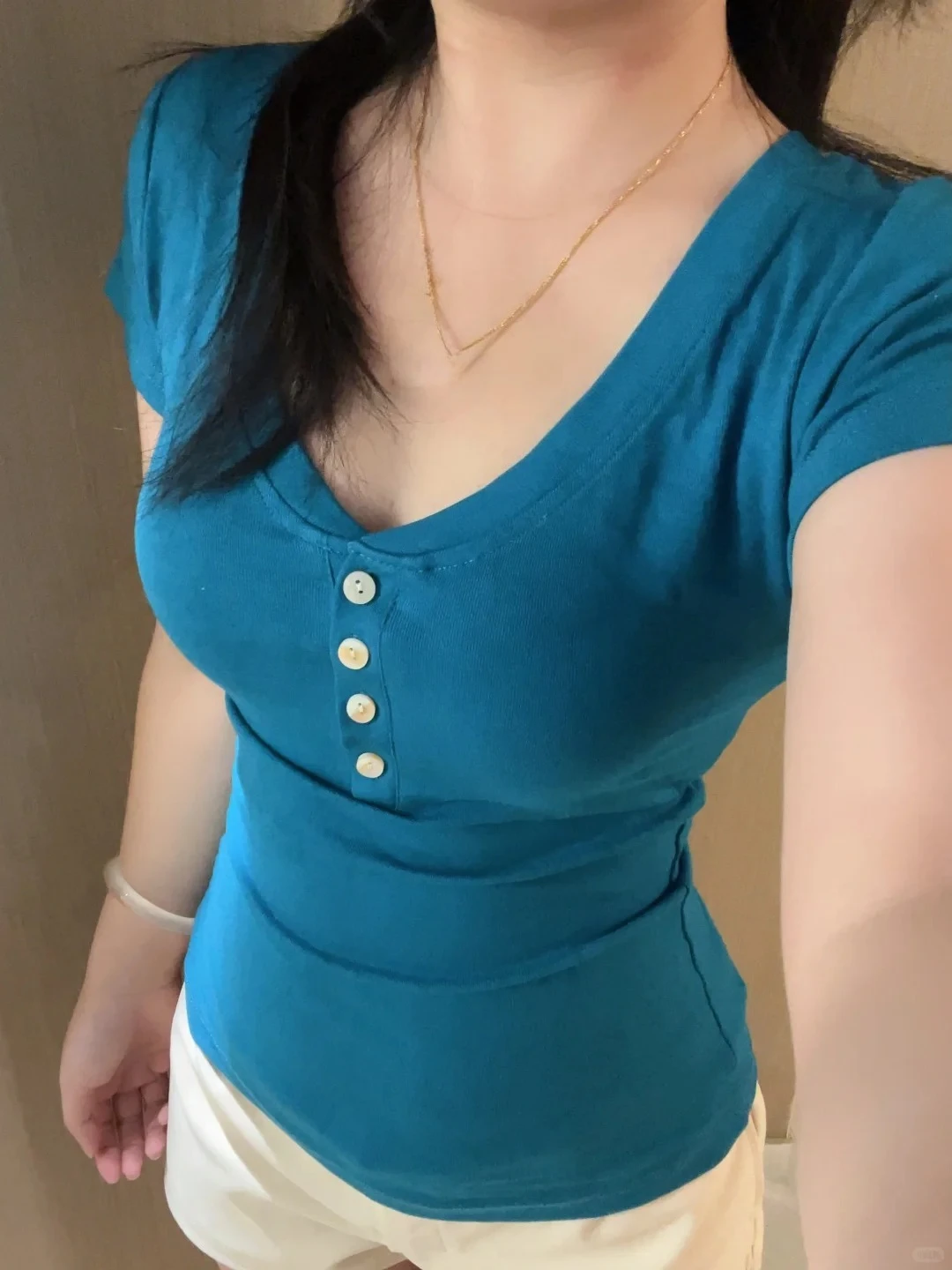 American Retro Teal Henley Tee Women Slim Fit V Neck Button Detail Short Sleeve Comfy WomeN Casual Top Harajuku Everyday Outfits