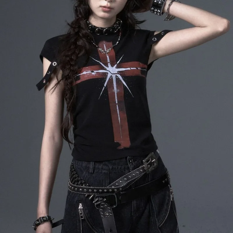 

Deeptown Black Gothic Graphic T-Shirts Women Y2k Vintage Punk Short Sleeve Tees American Fashion Slim Grunge Gyaru Streetwear