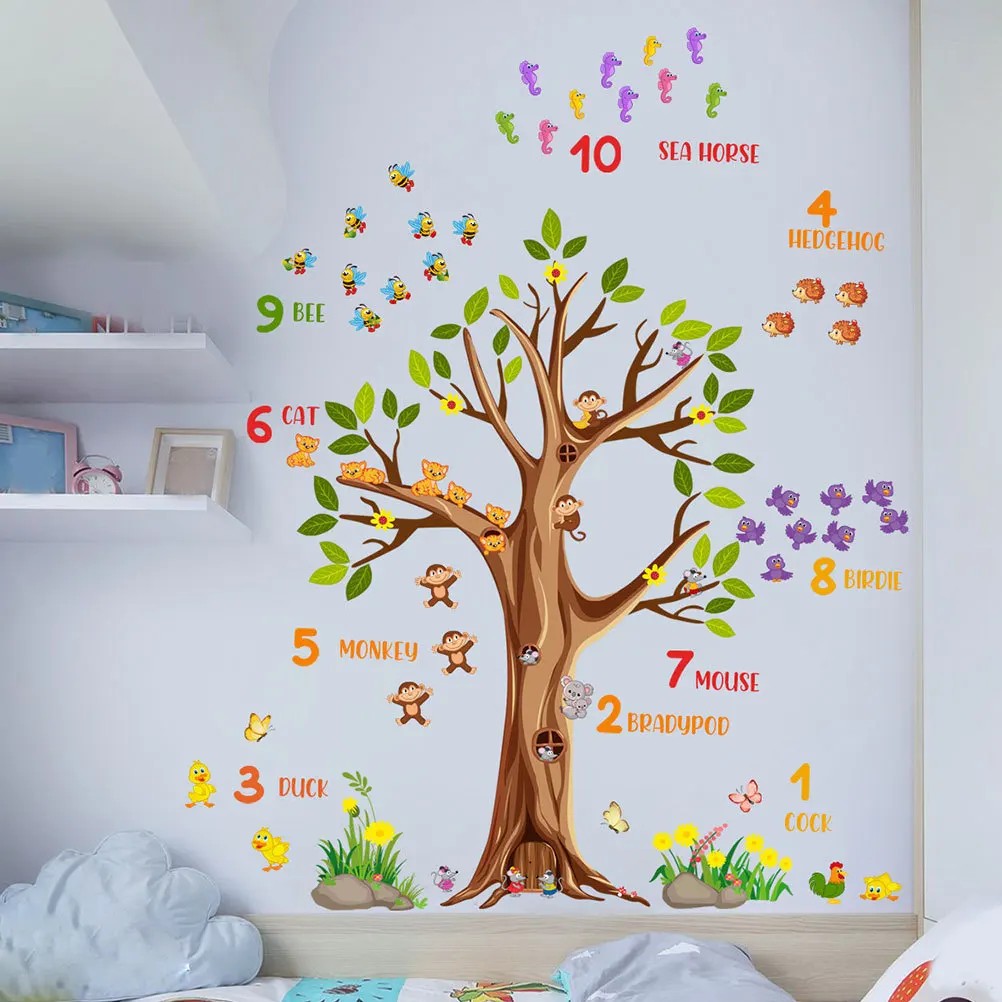

1 set 1 Set Of Animal Tree Wall Decal Pvc Alphabet Number Stickers For Room Nursery Bedroom Living Room Playroom Classroom