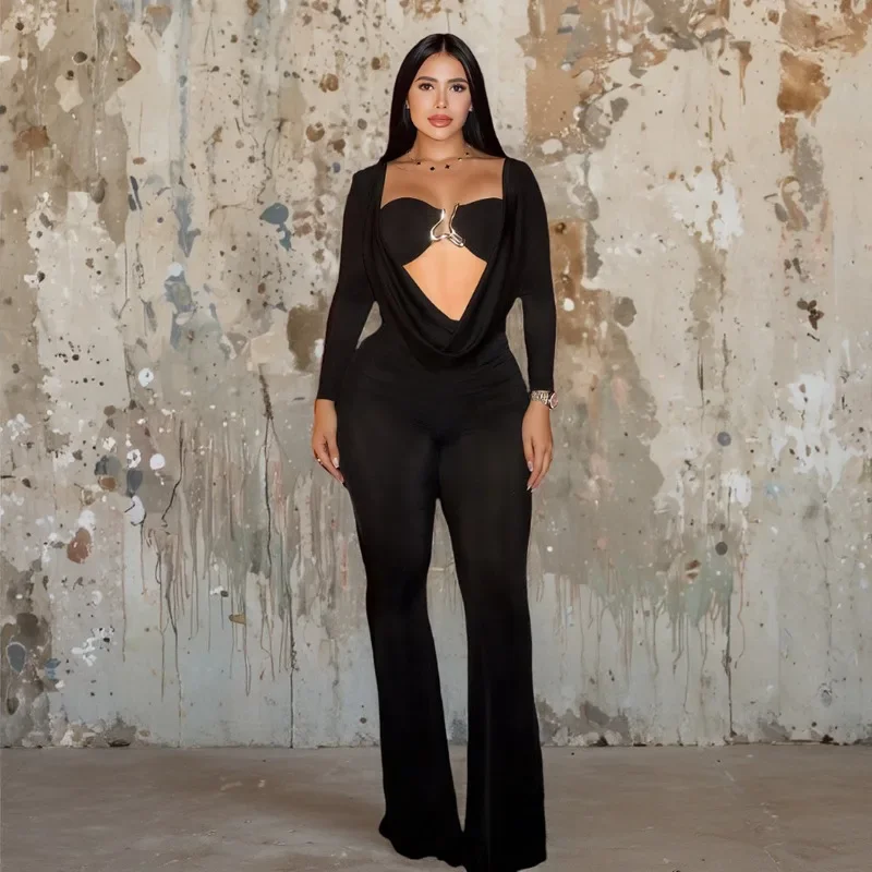 

Women 2025 Autumn Metal Buckle Tube Patchwork Slim Flare Jumpsuits Solid Swinging Collar Long Sleeve Ruched Skinny Overalls