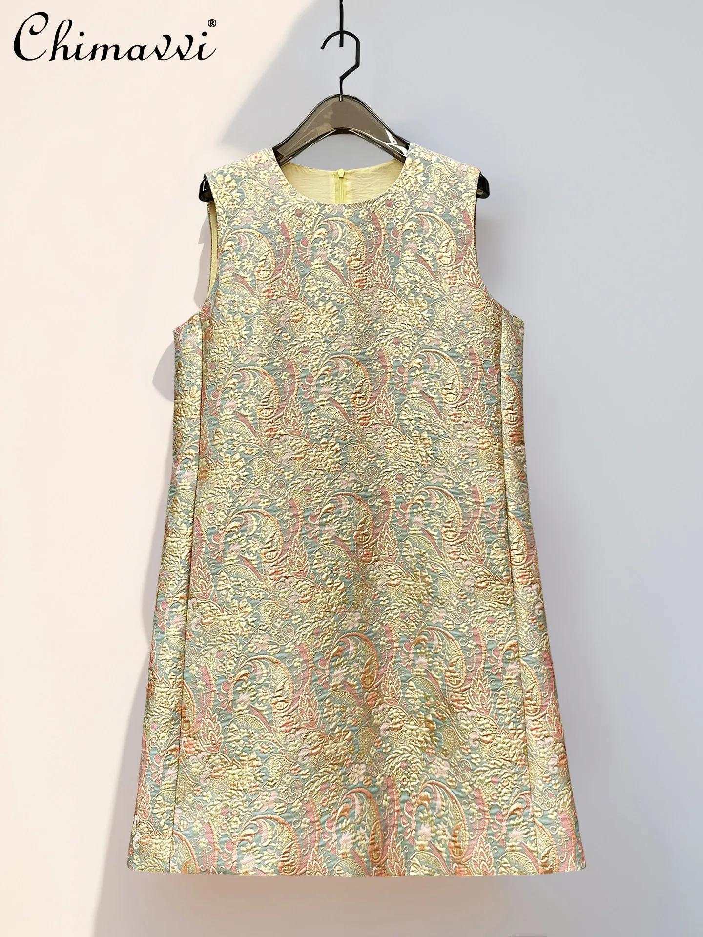 

French Elegant Fashion Heavy Industry Jacquard Round Neck Sleeveless High Waist Slim A-line Short Party Dress Women Summer 2026