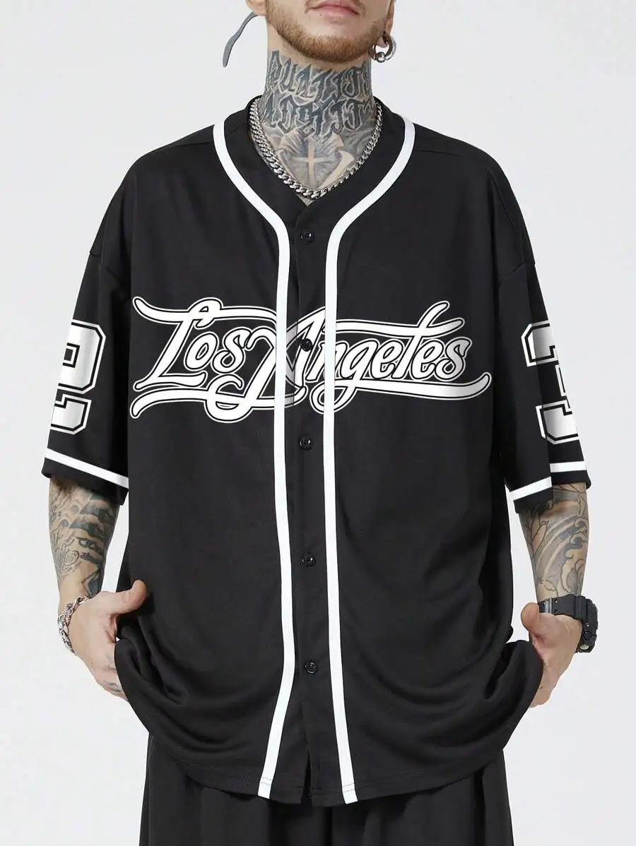 Men's Black Oversized Baseball Shirt with Script Graphic and Contrast Trim