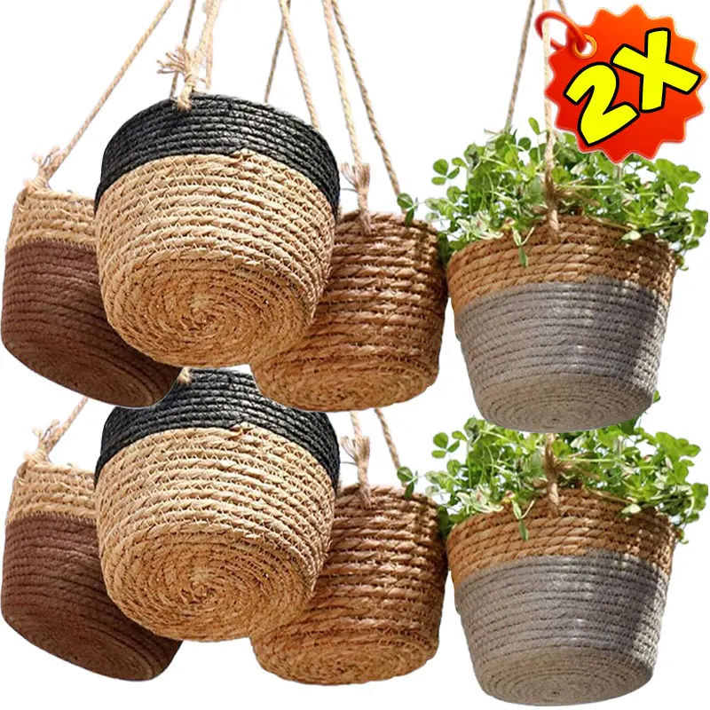 

Natural Cattail Hanging Woven Flower Basket Hanging Flower Pot Woven Rustic Handmade Breathable Balcony Home EcoFriendly Planter