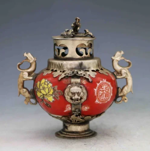 CHINESE PORCELAIN INLAID TIBETAN SILVER&MONKEY LID INCENSE BURNER