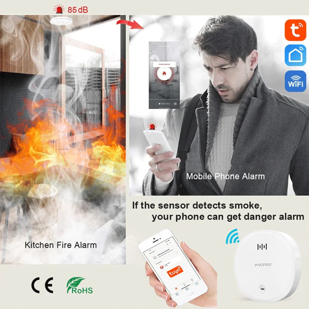 Tuya WiFi Smoke Alarm Fire Protection Smoke Detector Smart Life Home Kitchen Security System Sound Sensor Alert Seguridad Hogar