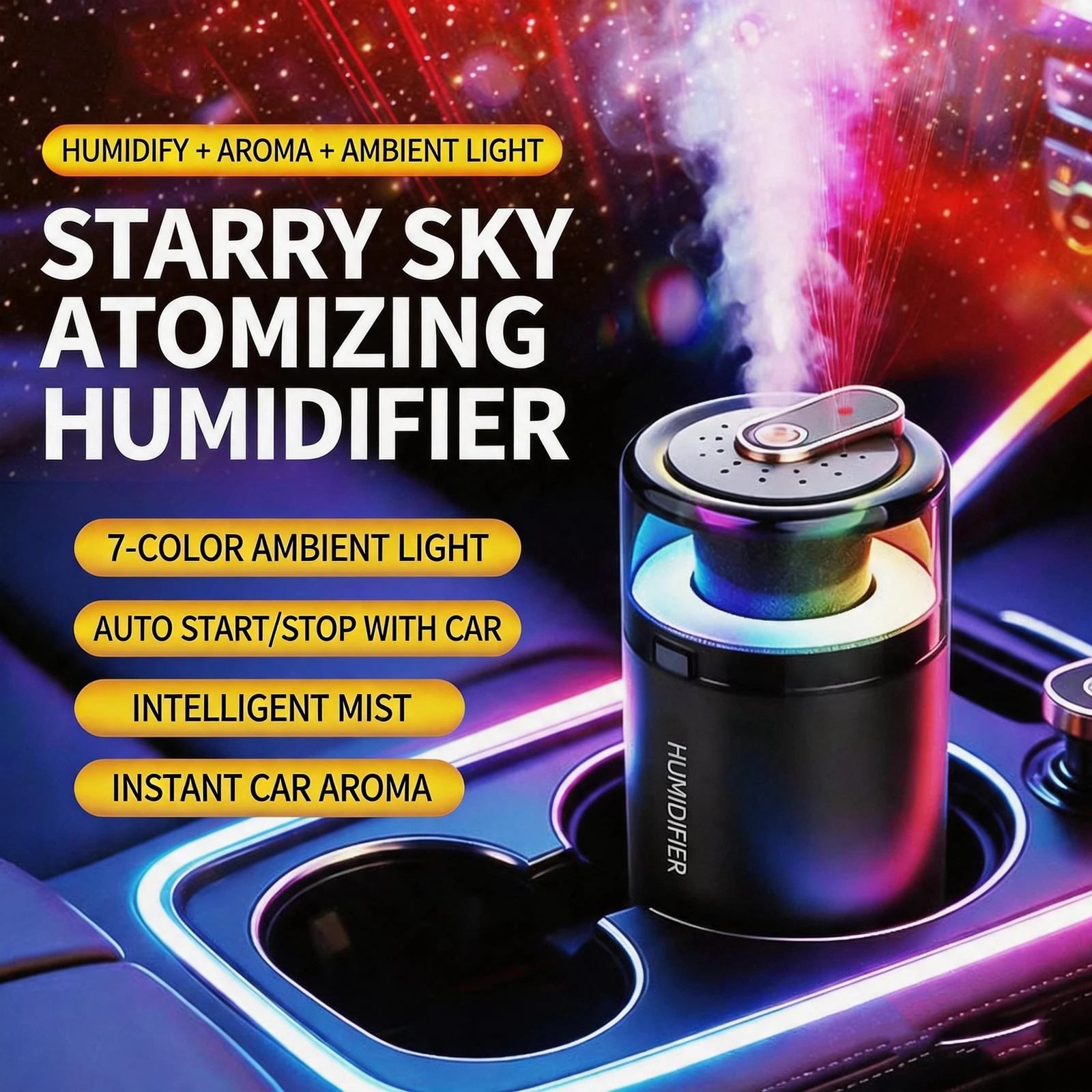 Car Aroma Humidifier,7 Color Light,360° Diffuser,Ignition Auto On/Off,Intelligent Mist,Full-Car Scent,Car Driver Gift