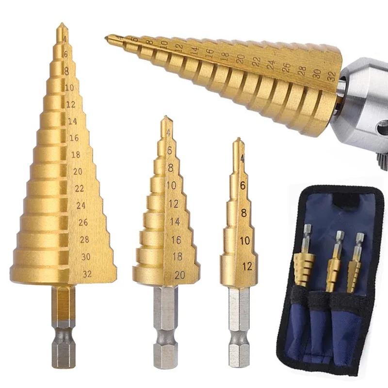 

Drill Bit HSS Titanium Coated Step Drilling Tool Set 4-32mm Straight Groove Hex Shank Pagoda-shaped Drill Bit Cone Hole Woodwork