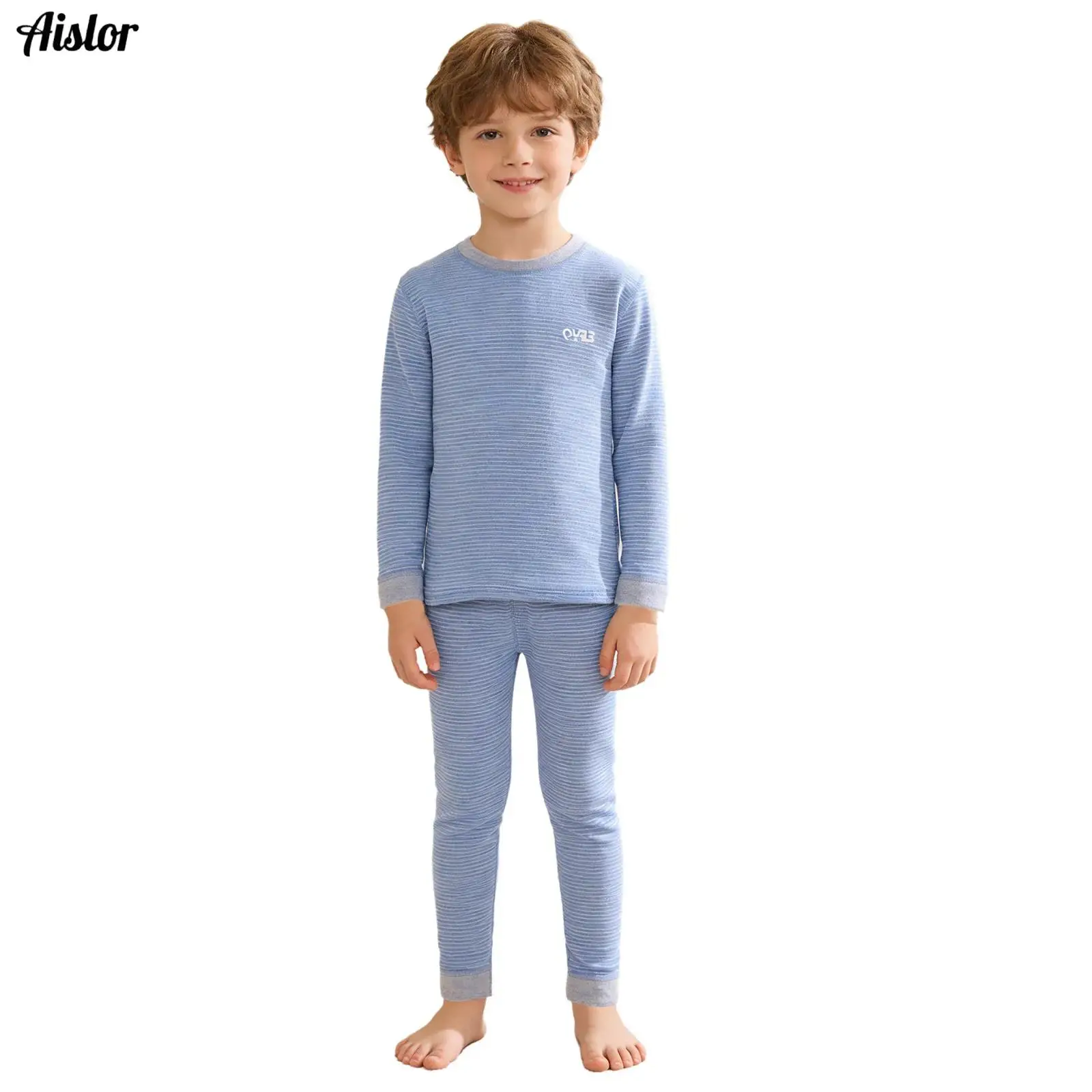 

Kids Boys Girls Striped Thermal Underwear Set Winter Sleepwear Homerwear Loungewear Round Neck Long Sleeve Top with Leggings
