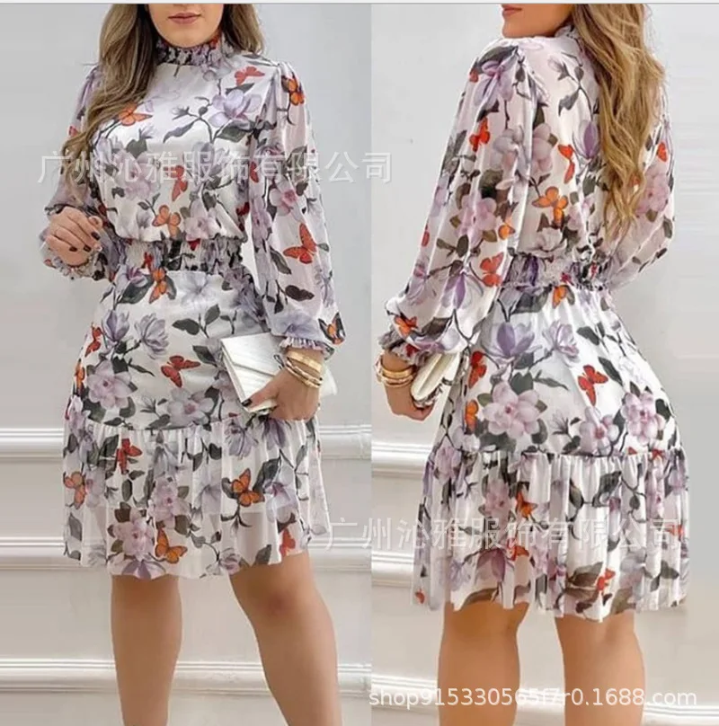 Abito longuette floreale da donna alla moda, manica lunga a lanterna, vita smockata, orlo con volant, ideale per occasioni casual