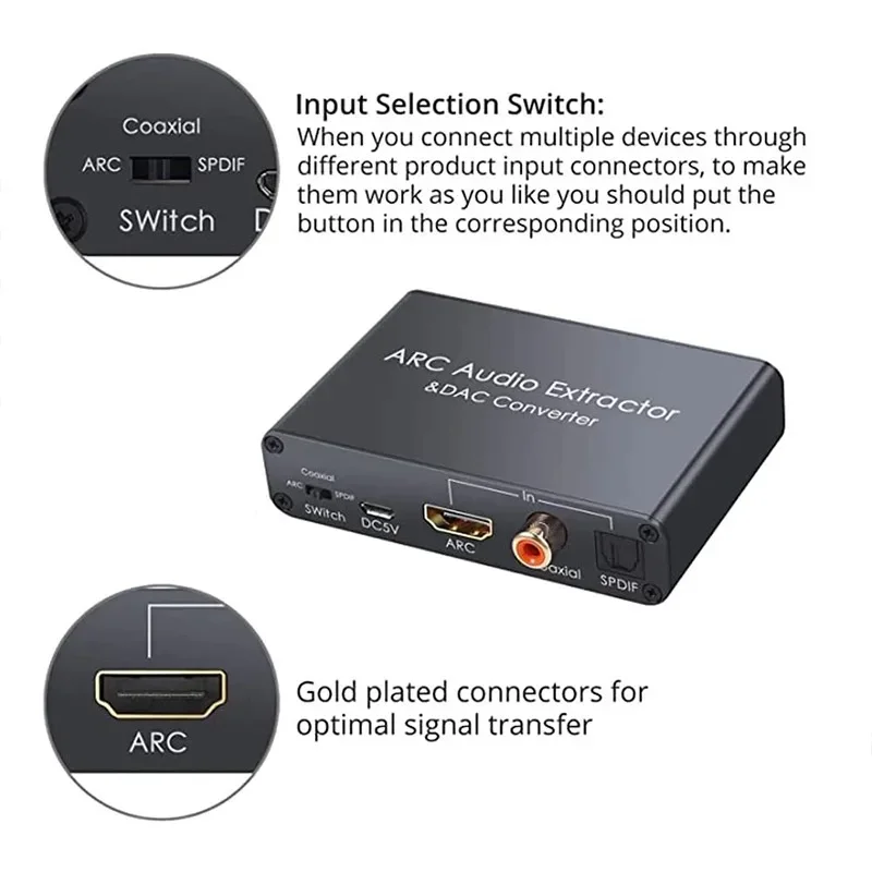 192KHz Audio Return Channel Extractor HDMI-Compatible ARC to Optical Toslink SPDIF Coaxial & 3.5mm AUX Analog Adapter