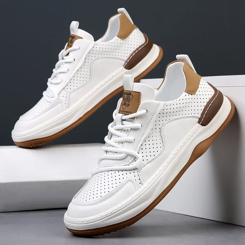 Thick Soft Sole Jogging Sneaker Genuine Cow Leather Sandals Men Hollow Out Flat Shoes Youth Student Vulcanized Walking Trainers