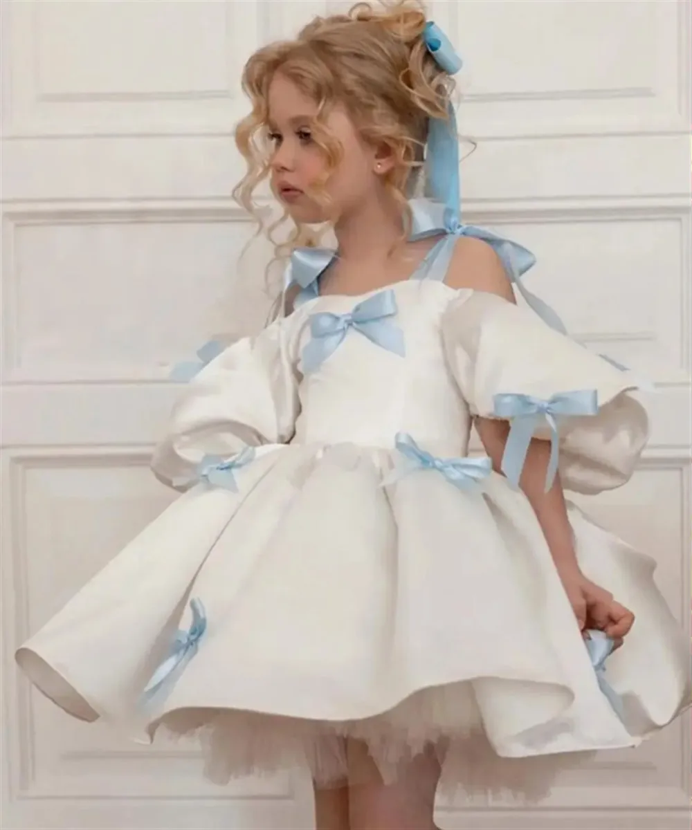 

Customized Flower Girl Dress For Wedding Knee Length Bow Appliques Puffy Princess Birthday Party Kids First Communion Ball Gown