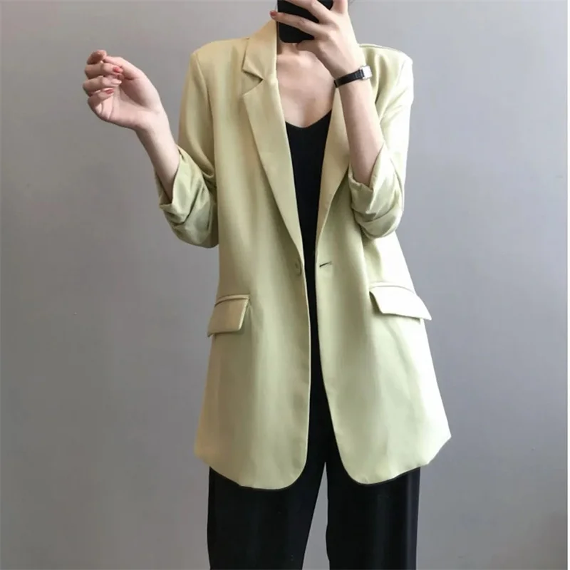 Chiffon Suit Coat Women\'s 2024 Summer New Korean Loose White Thin Long Blazers Jacket Solid Color Sunscreen Shirt Women Blazer