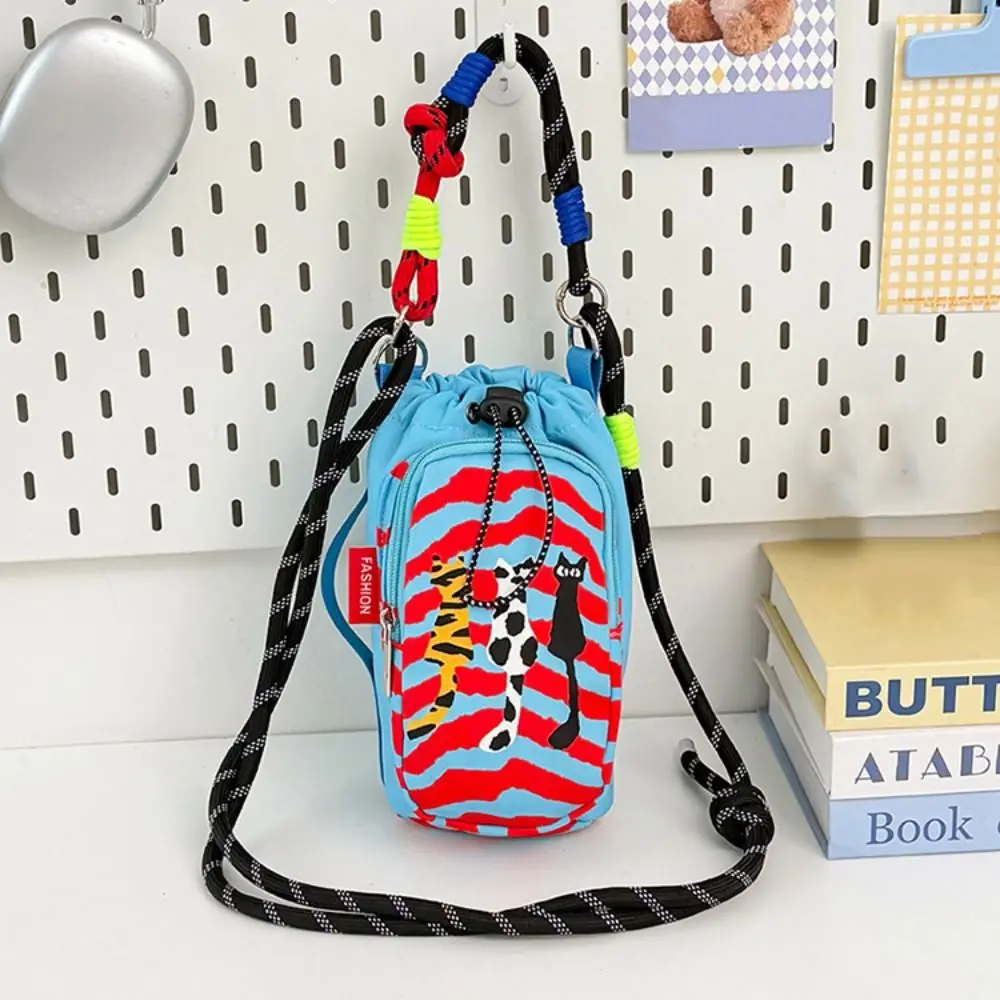 Dopamine Style Water Bottle Bag Cartoon Lightweight Drawstring Crossbody Bag Universal Adjustable Strap Nylon Shoulder Bag