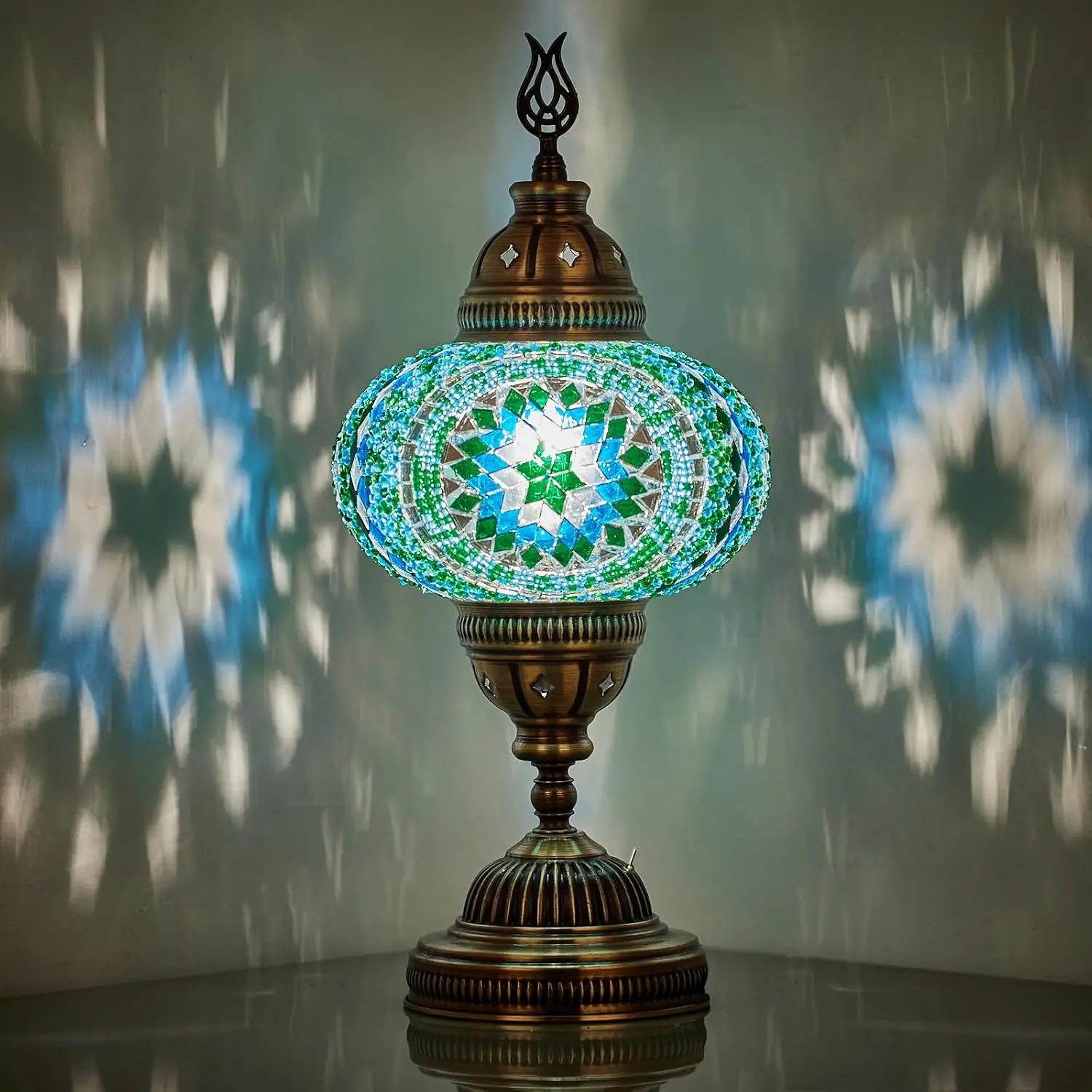 

Battery-Operated Turkish Moroccan Mosaic Table Lamp – 12” H, 5” W, Portable Stained Glass Lantern for Indoor Outdoor Use