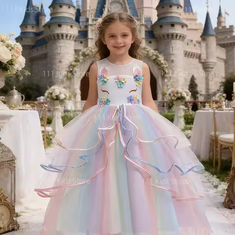 Flower Child Unicorn Wedding Dress Unicorn Sleeveless Rainbow Princess Dress for Girls Long Evening Dress Gown Birthday Gifts