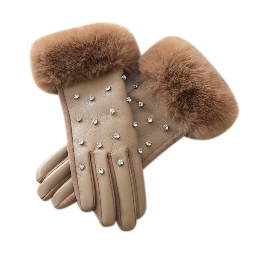 Luxury Faux Fur Trim Cuff PU Leather Gloves Lined Touchscreen Winter Thermal Gloves Rhinestone Windproof Warm Gloves for Women