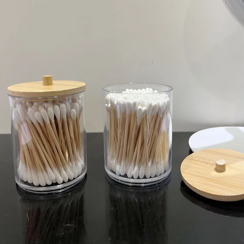Cotton Swab Storage Box with Bamboo Lid Portable Dustproof Dental Floss Toothpick Storage Jar Makeup Powder Puff Tool Box
