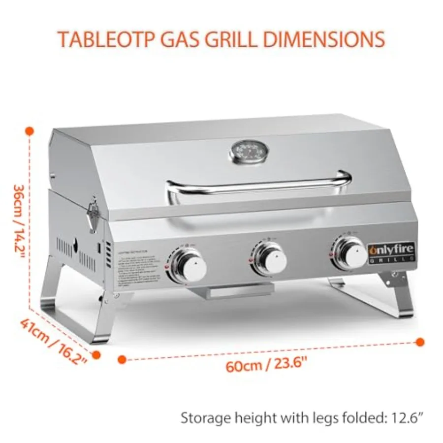 Tabletop Gas Grill 3-Burner, Portable Propane BBQ Grill