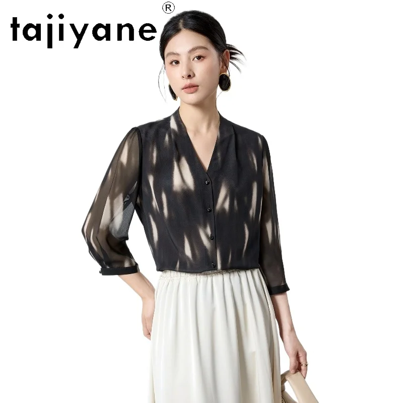 

TAJIYANE 100% Mulberry Silk Shirt Women Elegant V-neck Tie-Dye Blouse Real Silk Summer Ladies Tops 2026 Woman Clothes jirai kei