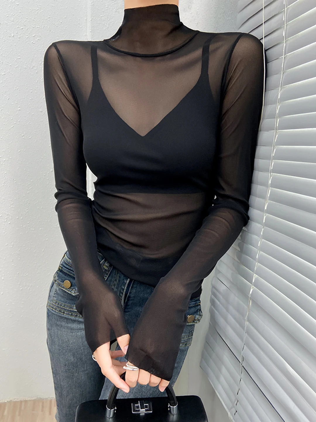 Women's High Collar Lace Base Shirt Ultra Thin Mesh Inner Wear Transparent Cover up Top Sensual Style Long Sleeve Pure Color