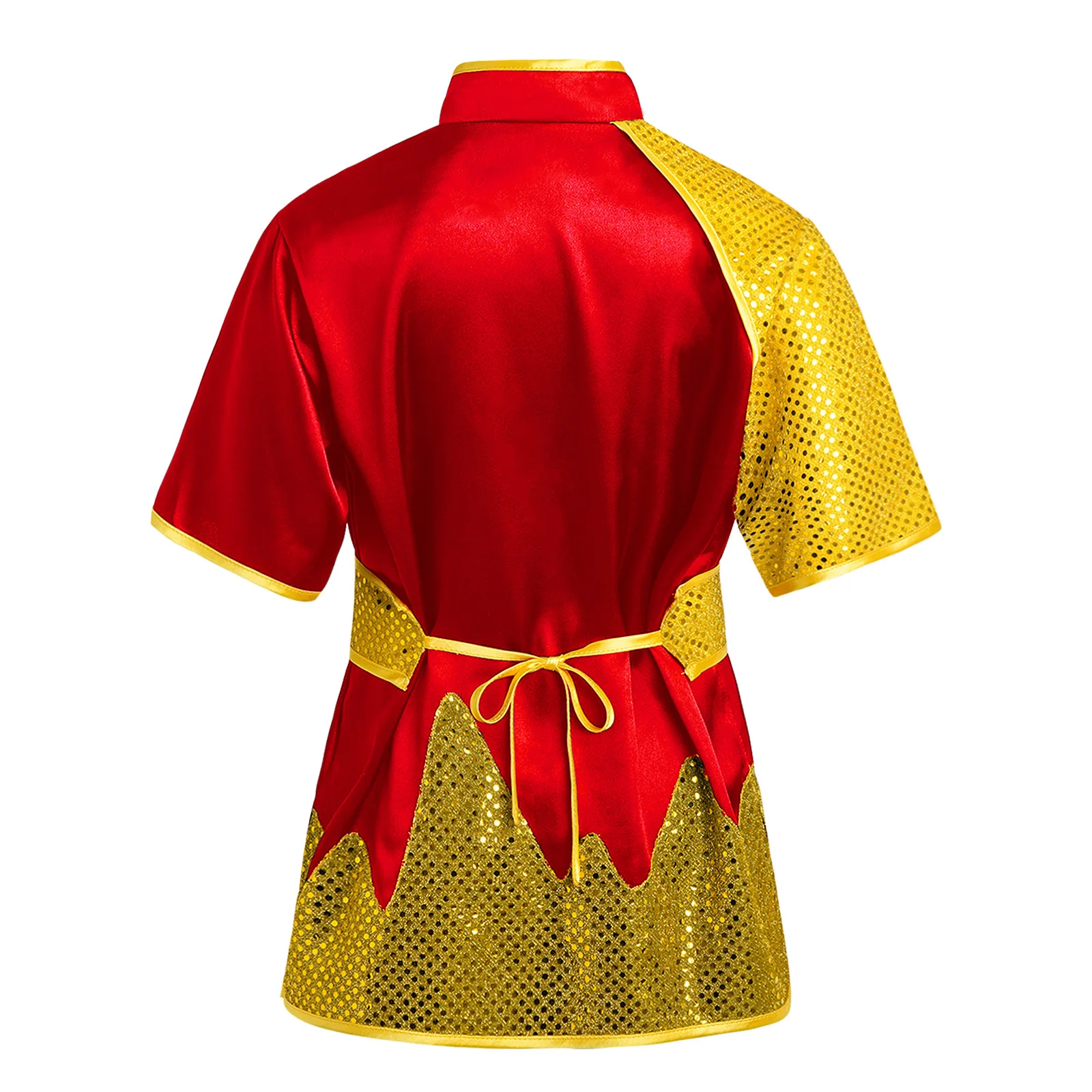 Boys Martial Arts Tops Performance Costume Knot Buttons Mandarin Collar Short Sleeve Color Block Shiny Sequins Top with Belt